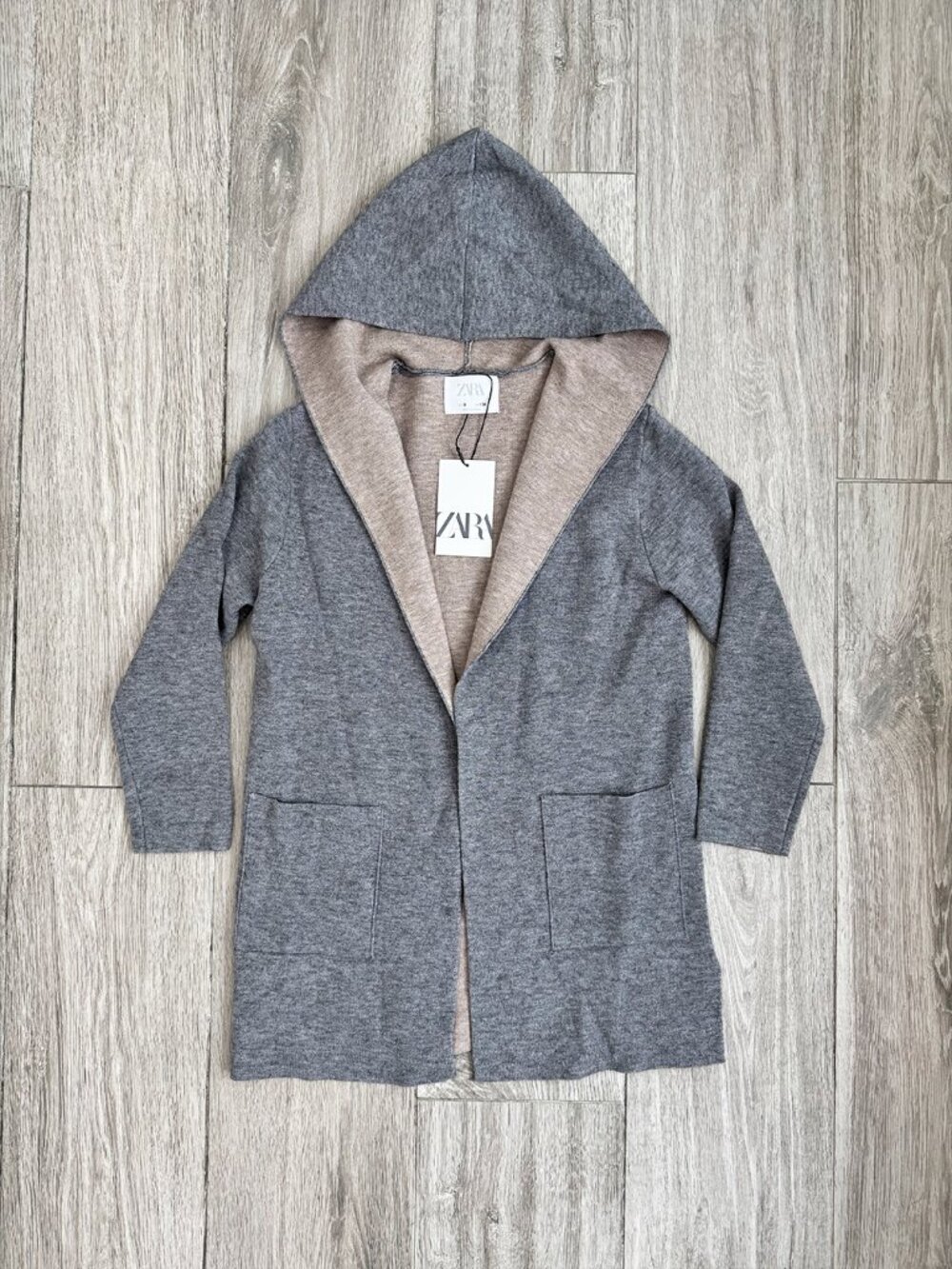 NWT Zara Girl Hooded Cozy Long Knit Cardigan size 9 Grey / Beige